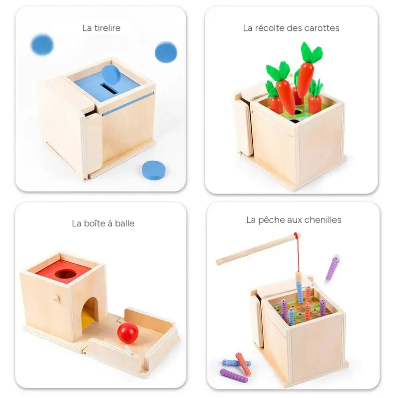 Les quatre jeux : la tirelire, la récolte des carottes, la boîte à balle, la pêche aux chenilles