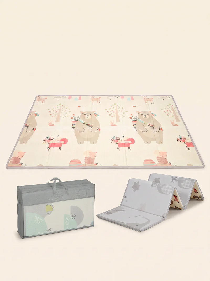 Tapis d'éveil pliable déplié, motif ours et renards, plié en accordéon et son sac de transport