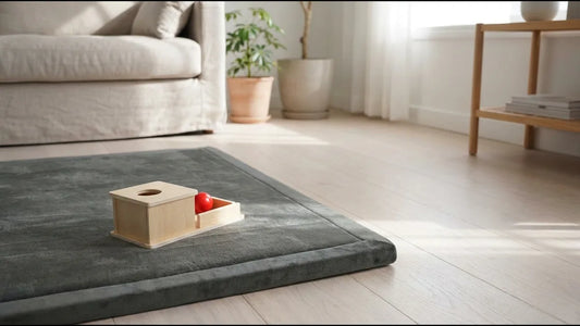 Boîte de permanence en bois avec sa balle rouge sur le plateau, posée sur le coin d'un tapis d'éveil gris dans un salon lumineux