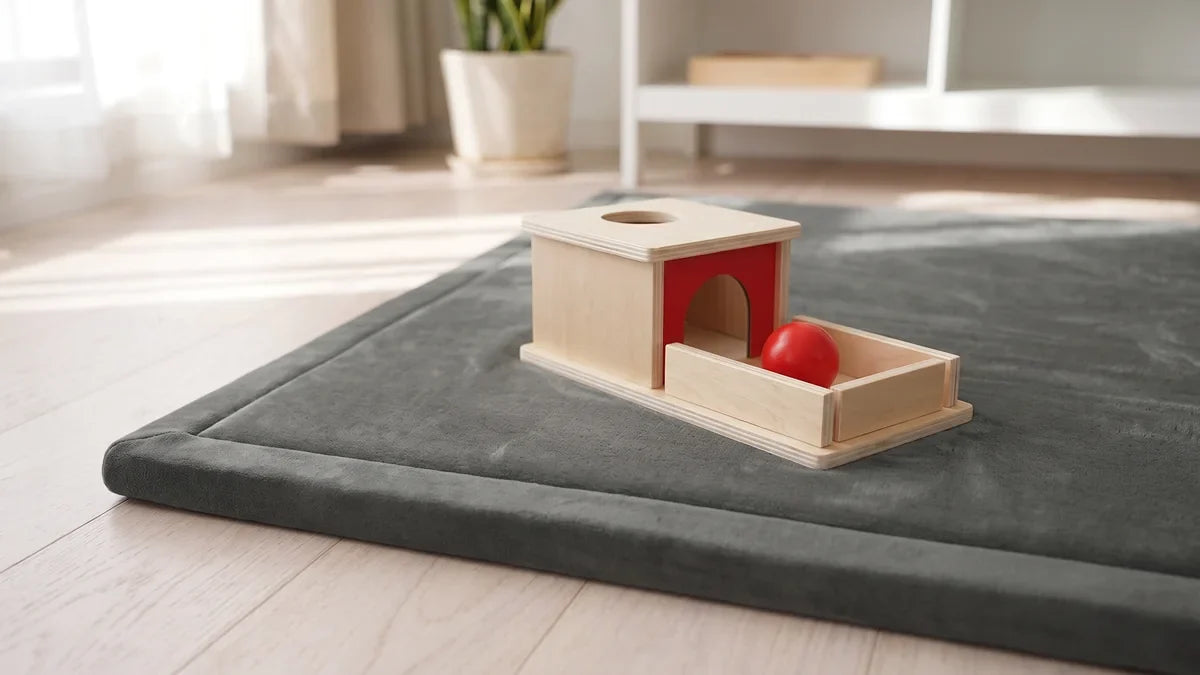 Boîte de permanence en bois avec sa balle rouge sur le plateau, posée sur le coin d'un tapis d'éveil gris dans un salon clair
