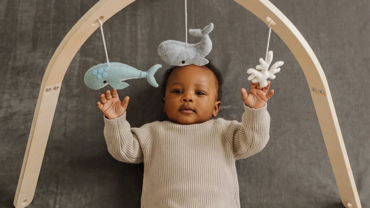 Vue de dessus d'un bébé allongé sur le dos sur un tapis d'éveil gris en velours, les mains levées vers des baleines en feutrine suspendues à une arche en bois