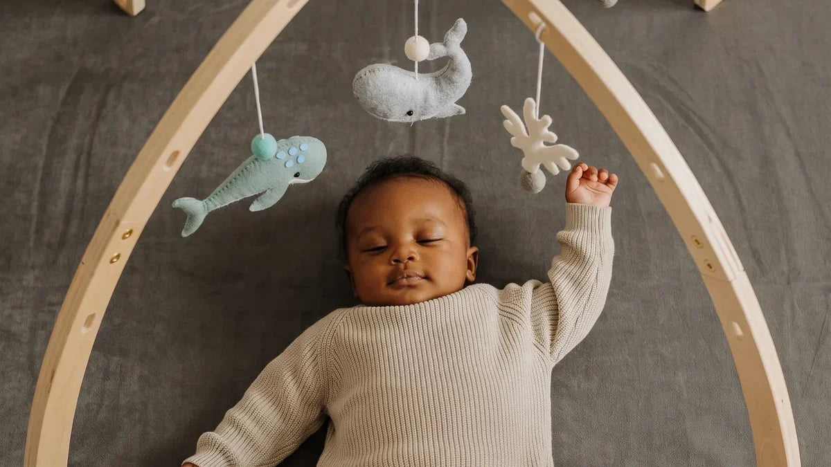 Vue de dessus d'un bébé allongé sur le dos sur un tapis gris en velours, sous une arche en bois double arc où pendent des baleines en feutrine