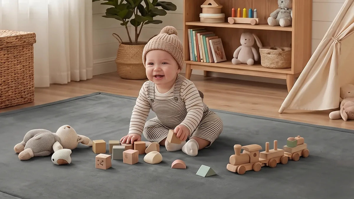 Bébé en bonnet de laine assis sur un tapis d'éveil en velours gris dans une chambre d'enfant, des cubes en bois et un petit train en bois devant lui