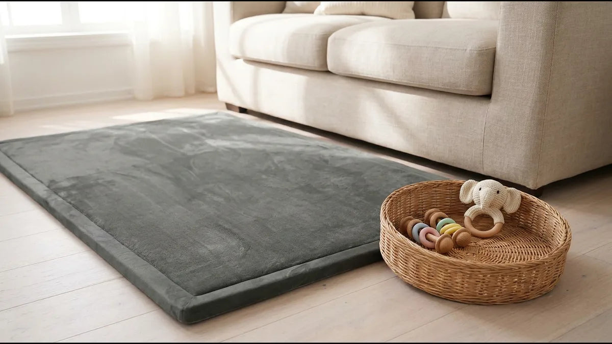 Panier en osier avec des hochets en bois à anneaux et un hochet éléphant en coton, posé au sol près d'un tapis d'éveil gris, un canapé beige derrière