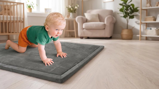Bébé en t-shirt vert à quatre pattes sur un tapis d'éveil gris en velours posé sur un parquet clair, un fauteuil et un lit à barreaux derrière lui