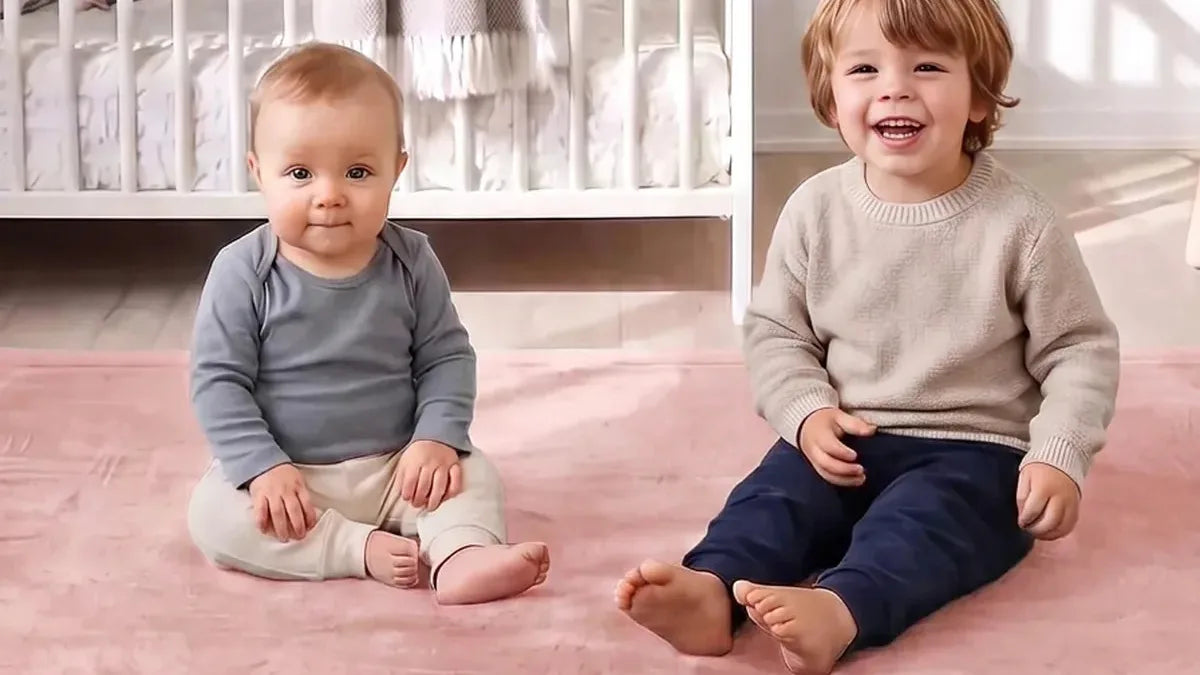 Deux enfants assis côte à côte sur un tapis d'éveil rose poudré, un lit à barreaux blanc derrière eux