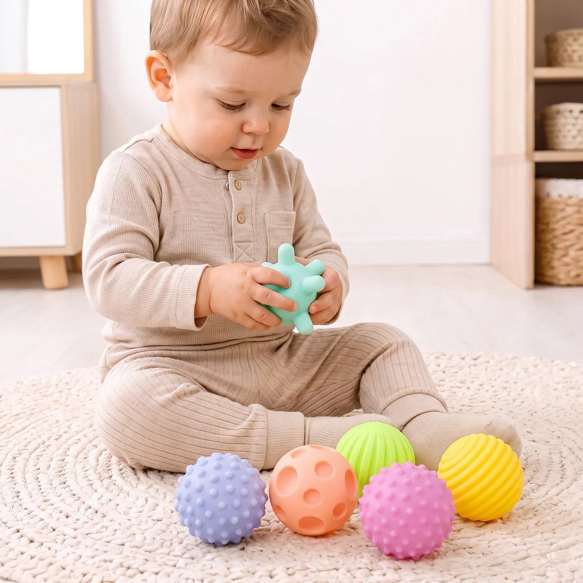 Un enfant assis sur un tapis tient une balle sensorielle dans la main