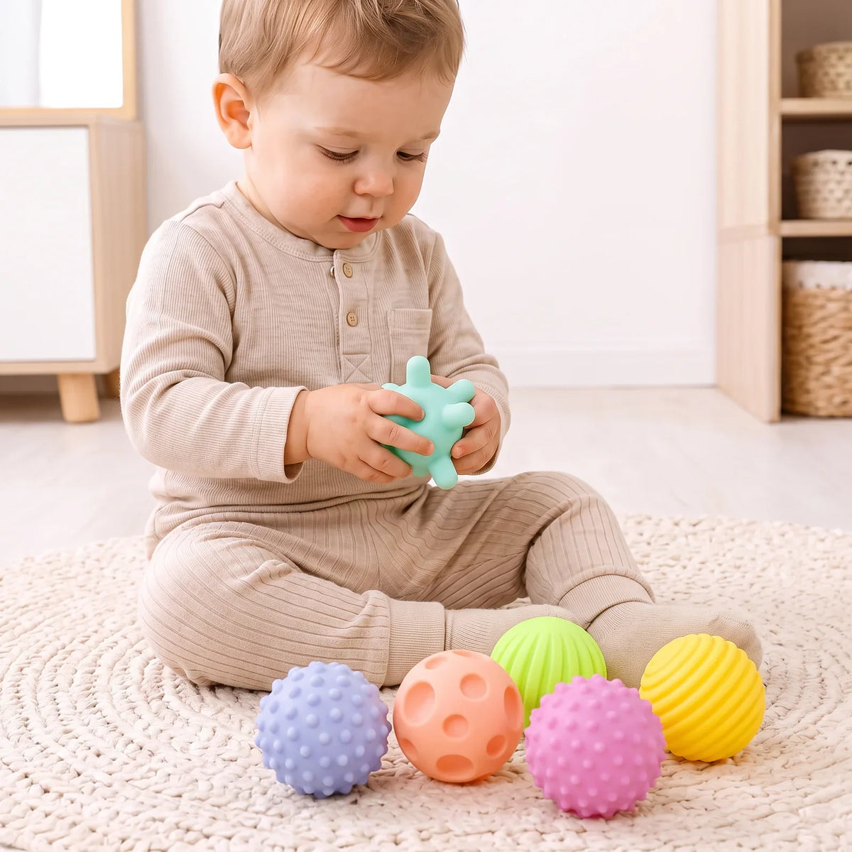 Un enfant assis sur un tapis tient une balle sensorielle dans la main