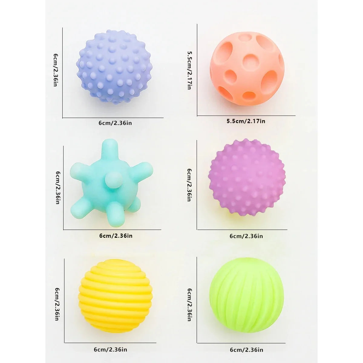 Cotes du fabricant, coloris pastel : six balles de 5,5 à 6 cm