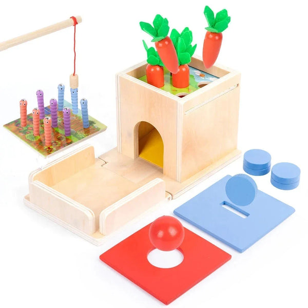 Boîte de permanence 4 en 1 : la boîte, la balle, les pièces, les carottes, la pêche aux chenilles