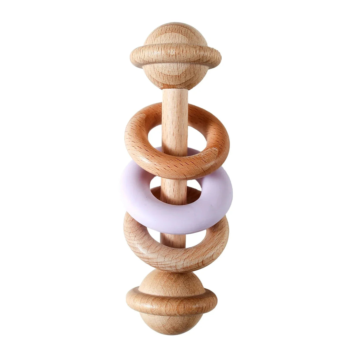 Hochet en bois, anneau en silicone violet
