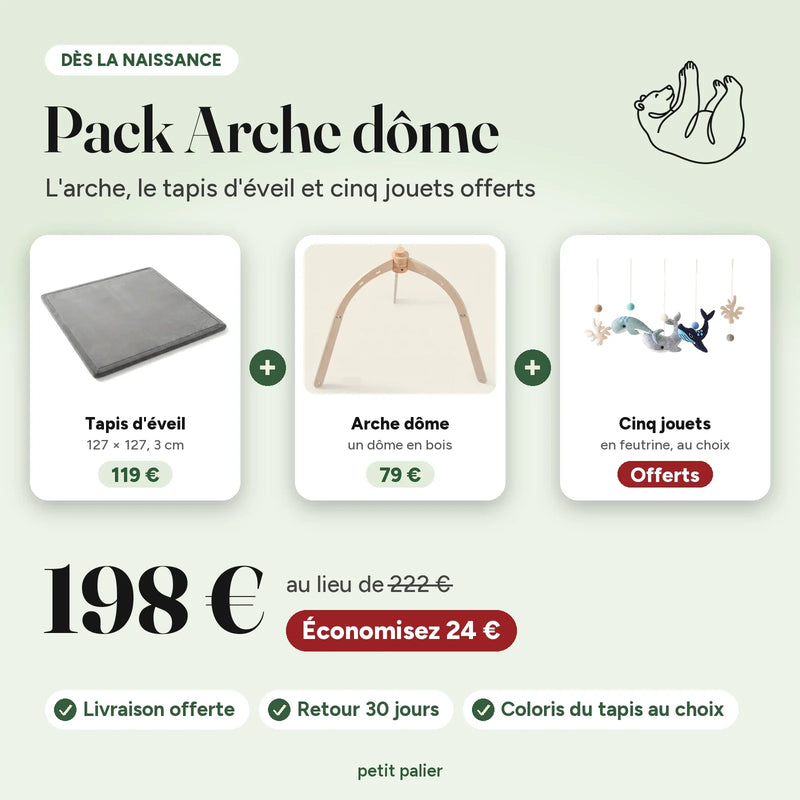 Pack Arche dôme : l'arche, le tapis d'éveil 127 × 127 et cinq jouets en feutrine offerts, 198 € au lieu de 222 €
