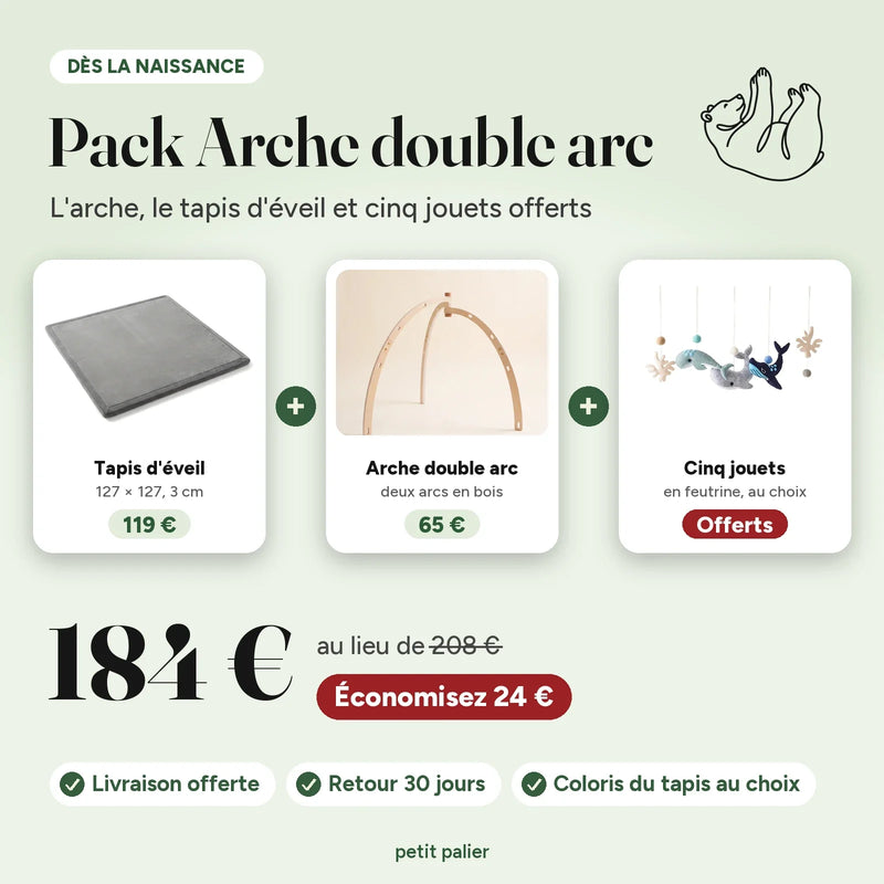 Pack Arche double arc : l'arche, le tapis d'éveil 127 × 127 et cinq jouets en feutrine offerts, 184 € au lieu de 208 €