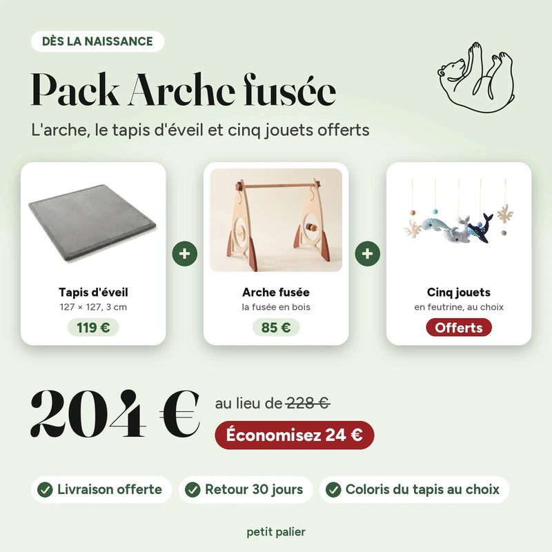 Pack Arche fusée : l'arche, le tapis d'éveil 127 × 127 et cinq jouets en feutrine offerts, 204 € au lieu de 228 €
