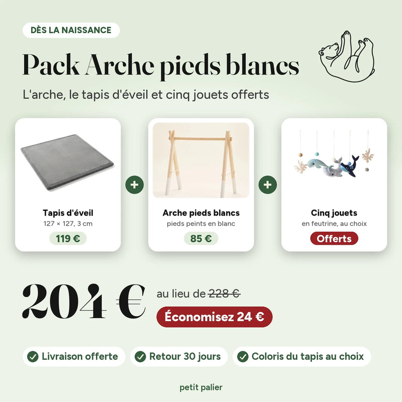 Pack Arche pieds blancs : l'arche, le tapis d'éveil 127 × 127 et cinq jouets en feutrine offerts, 204 € au lieu de 228 €
