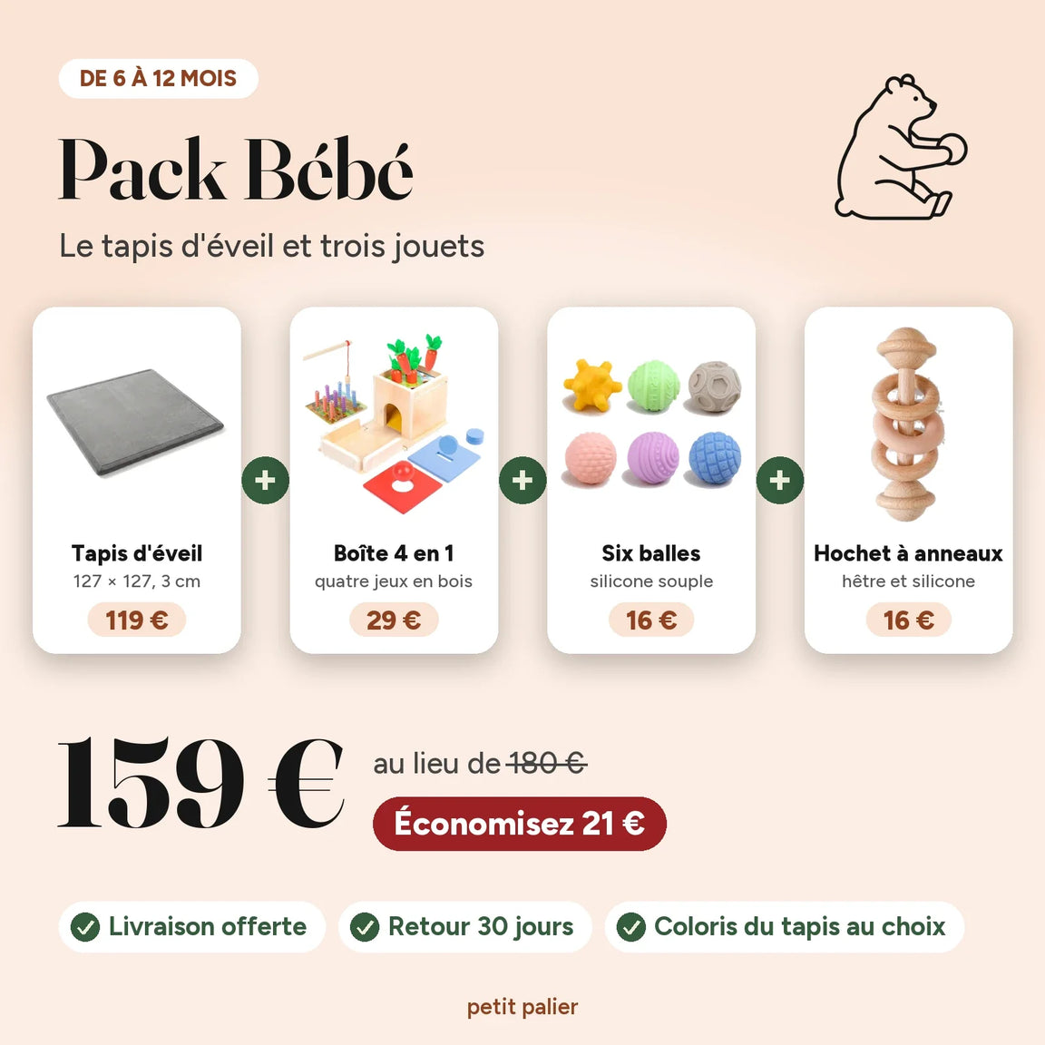 Pack Bébé, de 6 à 12 mois : le tapis d'éveil, la boîte de permanence 4 en 1, les six balles sensorielles et le hochet à anneaux, 159 € au lieu de 180 €