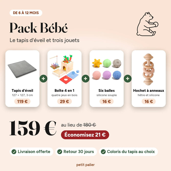 Pack Bébé, de 6 à 12 mois : le tapis d'éveil, la boîte de permanence 4 en 1, les six balles sensorielles et le hochet à anneaux, 159 € au lieu de 180 €