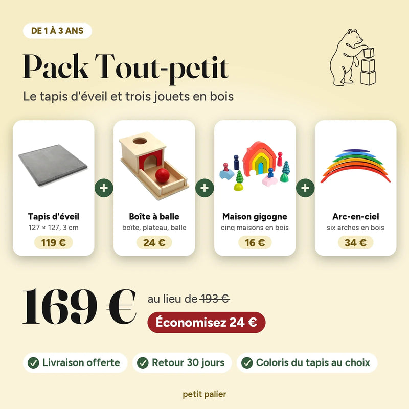 Pack Tout-petit, de 1 à 3 ans : le tapis d'éveil, la boîte à balle, la maison gigogne et l'arc-en-ciel, 169 € au lieu de 193 €