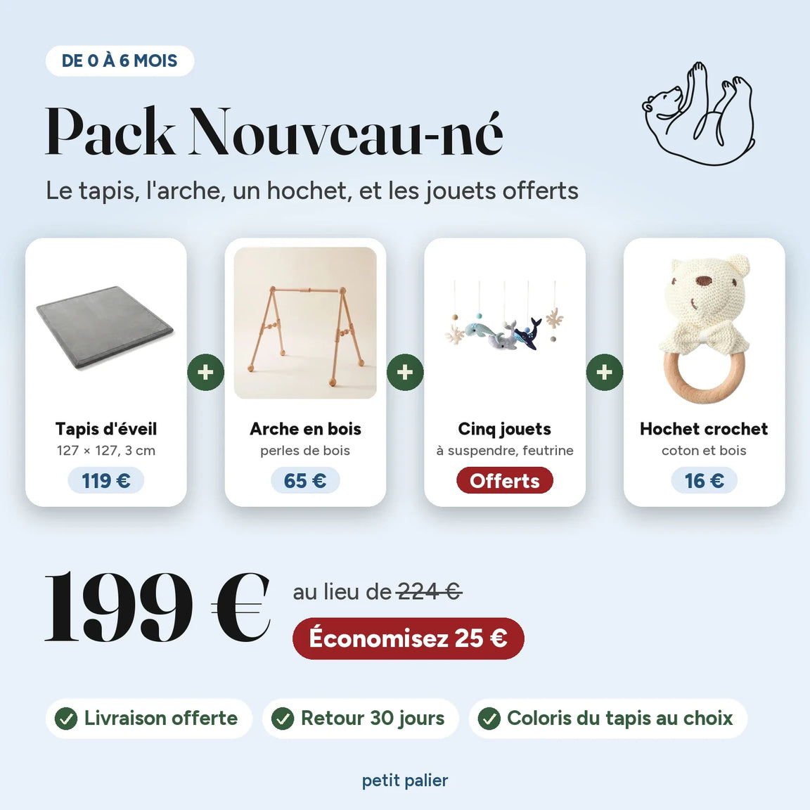 Pack Nouveau-né, de 0 à 6 mois : le tapis d'éveil, l'arche en bois et le hochet crochet, cinq jouets en feutrine à suspendre offerts, 199 € au lieu de 224 €