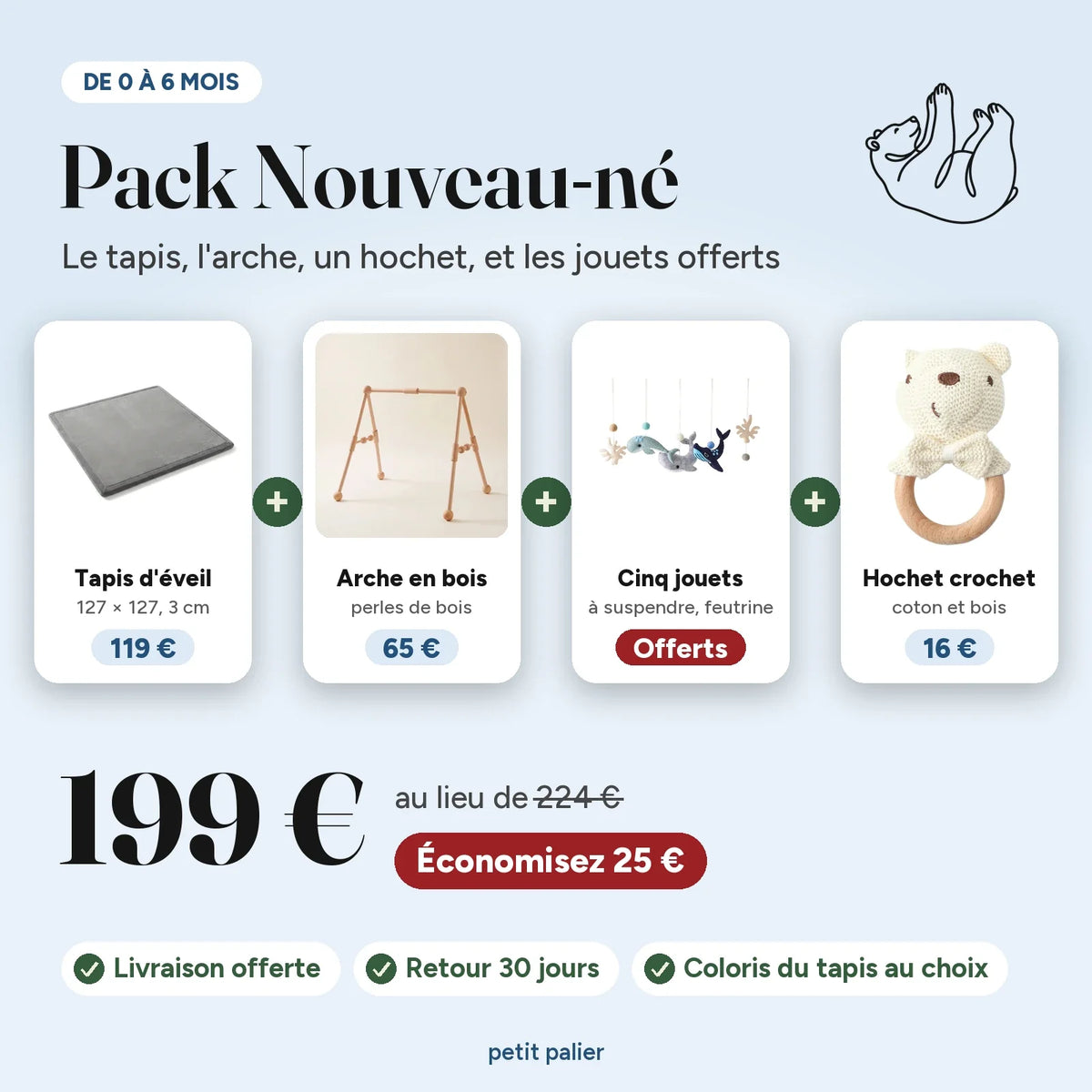Pack Nouveau-né, de 0 à 6 mois : le tapis d'éveil, l'arche en bois et le hochet crochet, cinq jouets en feutrine à suspendre offerts, 199 € au lieu de 224 €