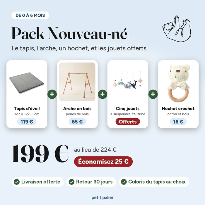 Pack Nouveau-né, de 0 à 6 mois : le tapis d'éveil, l'arche en bois et le hochet crochet, cinq jouets en feutrine à suspendre offerts, 199 € au lieu de 224 €