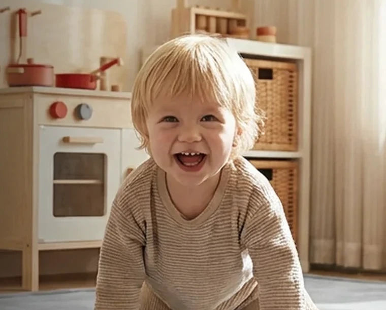 Enfant qui rit dans une chambre, cuisine en bois et paniers en osier derrière