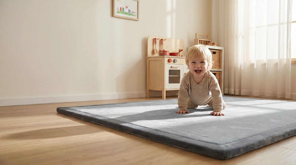 Bébé souriant à quatre pattes sur un tapis d'éveil gris dans une chambre, épaisseur et bord du tapis visibles