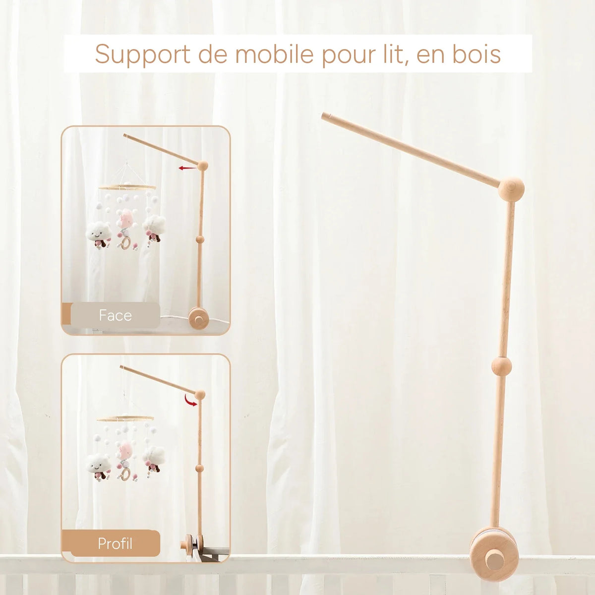 Le support vu de face et de profil, le bras orienté